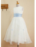 Ivory Satin Organza Flower Decorated Tea Length Flower Girl Dress